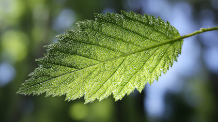 Detailed Green Leaf Veins and Edges Illuminated by Sunlight in a Forestの素材