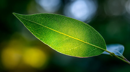 Translucent Leaf Illuminated by Sunlight Showcasing Intricate Vein Structure and Vibrant Green Colorの素材