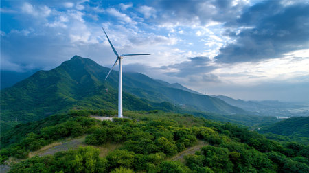 Serene wind turbine atop lush hills beneath the clouded sky.の素材