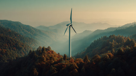 Wind Turbine Standing Tall Among Forested Mountains in Golden Lightの素材