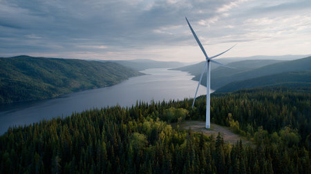 Majestic wind turbine overlooking serene lake and forest landscape at dawnの素材