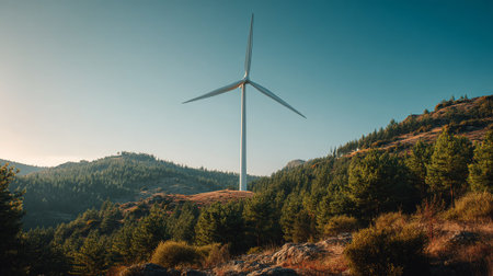 Serene Wind Turbine Amidst Lush Green Hills Under Clear Blue Skyの素材