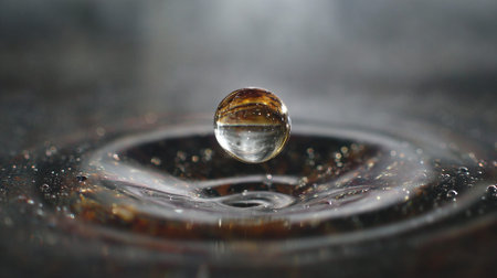 Water droplet suspended above ripples showcases light and reflection in clear liquidの素材