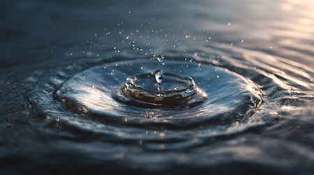 Water droplet impacting a tranquil body of water, creating ripples and splashの素材