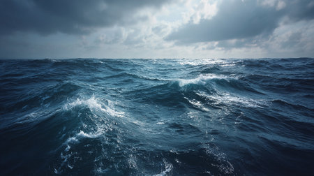 A turbulent ocean with dark blue waves and a stormy sky in the backgroundの素材