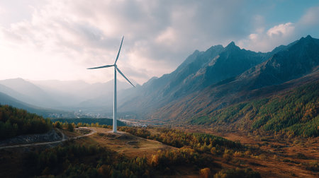 Wind turbine against a scenic mountain range landscape during the autumn season.の素材
