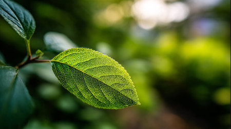 Translucent Green Leaf Illuminated by Sunlight, Detailed Veins Visible in Sharp Focus.の素材
