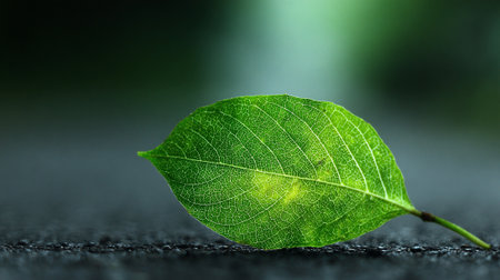 Vibrant green leaf resting on textured surface with soft natural background.の素材