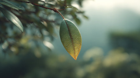Single leaf hangs delicately from tree branch, with blurred background effect.の素材
