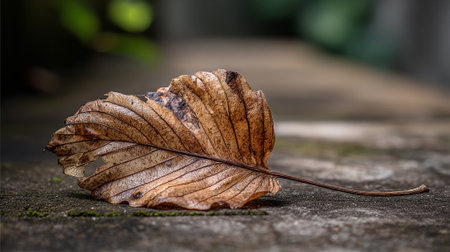 Autumnal Decay: Close-up of a Single Fallen Leaf on Concreteの素材