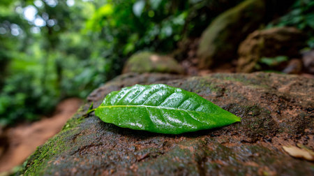Bright Green Leaf Resting on a Mossy Rock in a Tropical Forestの素材