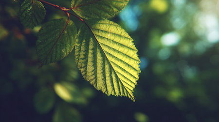 Sunlit Leaf with Visible Veins Against a Blurred Green Backgroundの素材