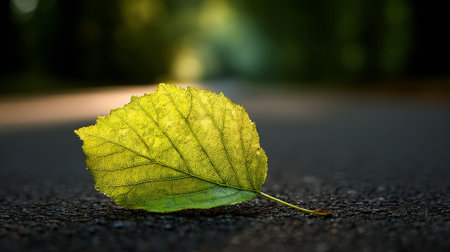 Translucent Green Leaf Resting on Asphalt Road with Soft Bokeh Backgroundの素材