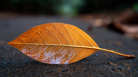 Autumnal Elegance: A Single Fallen Leaf Displays Intricate Veins on Dark Surfaceの素材