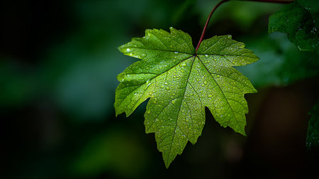 Dew-Kissed Leaf: A Vibrant Green Beacon Against Dark Backdrop of Natureの素材