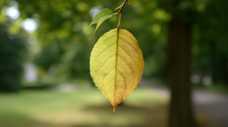 Autumnal transition: a lone leaf suspended, embracing the changing seasons gracefully.の素材