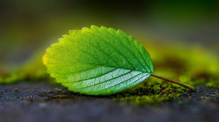 Serene Green Leaf Resting on Mossy Surface, Nature's Textural Embraceの素材