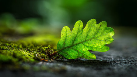 Translucent Oak Leaf on Mossy Stone: A Microscopic Forest Adventureの素材
