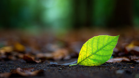 Sunlit Green Leaf Lies on Ground with Autumnal Leaves Around.の素材