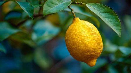 Bright yellow lemon hanging from a tree branch amongst green leavesの素材