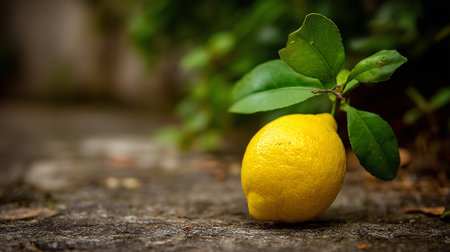Fresh Lemon Resting on a Concrete Surface With Green Leaves Aroundの素材