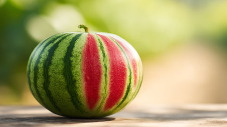 A vibrant watermelon sits on a wooden surface in a sunny outdoor setting.の素材