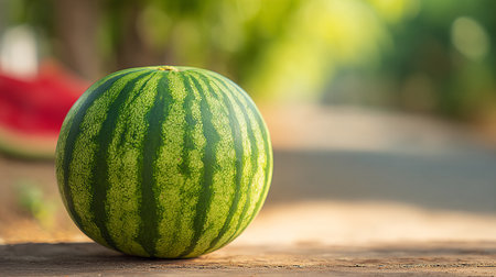 A whole watermelon sitting on a wooden surface in a garden or parkの素材