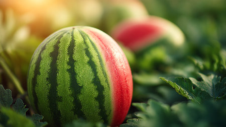 A ripe watermelon in a lush green field with another watermelon in the backgroundの素材