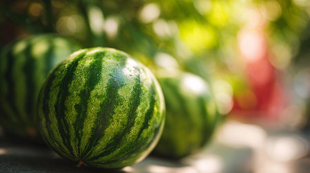 A vibrant and refreshing display of whole watermelons in a sunny outdoor setting.の素材