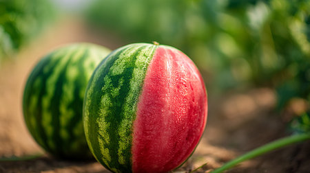 Two watermelons in a garden with one cut in half showing red insideの素材