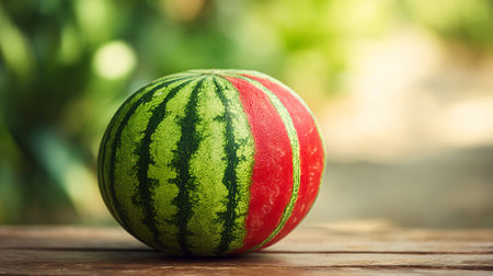 A ripe watermelon sitting on a wooden table in a garden or parkの素材