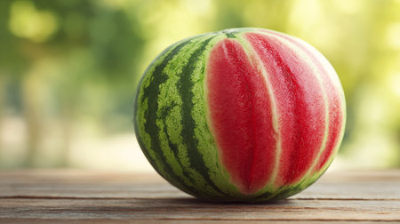 A whole watermelon sitting on a wooden table outdoors in natural lightの素材