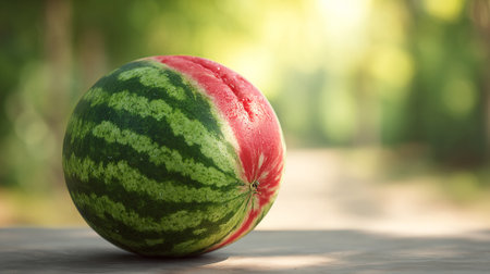 A vibrant watermelon sits on a table in a sunny outdoor setting with a blurred background.の素材