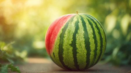 A ripe watermelon sitting on a wooden surface in a lush green garden with sunlight shining throughの素材