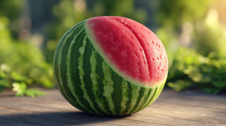 A whole watermelon with a slice cut out sitting on a wooden table outdoorsの素材