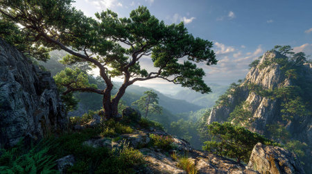 Serene Mountain Vista with Majestic Pine Tree and Rocky Peaks Sceneryの素材