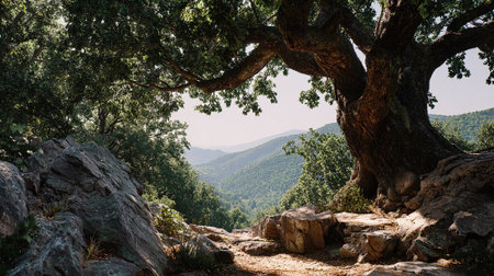 Majestic old tree frames a distant mountain vista with rocky terrain.の素材