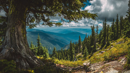 Majestic mountain vista framed by an ancient tree in the Pacific Northwest.の素材