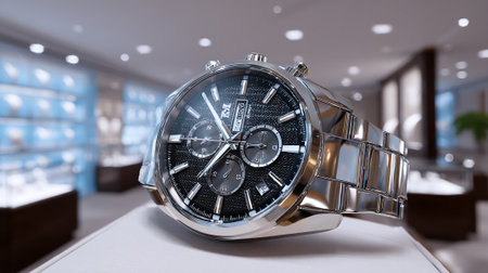 A luxurious silver watch with a black face displayed on a white surface in a modern storeの素材