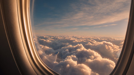 A view of fluffy white clouds and blue sky from an airplane windowの素材