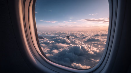 A serene view of clouds and sky from an airplane window at sunsetの素材