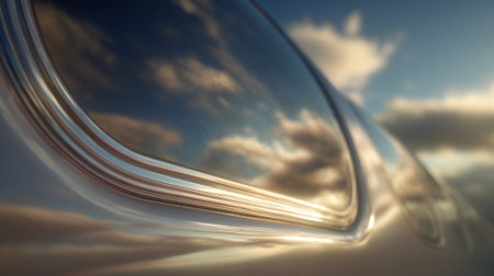 A sleek, modern car side window reflecting a serene blue sky with fluffy white clouds at sunset.の素材