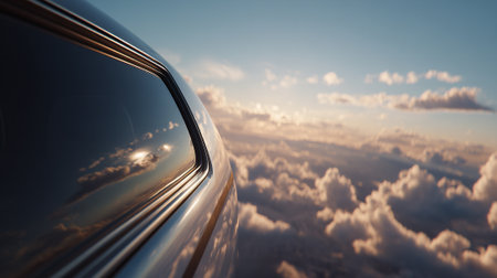A view of clouds and sky from an airplane window at sunrise or sunsetの素材