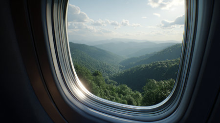 A scenic view of rolling green hills and mountains seen through an airplane windowの素材