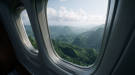 A scenic view of green mountains from an airplane window with cloudy skiesの素材