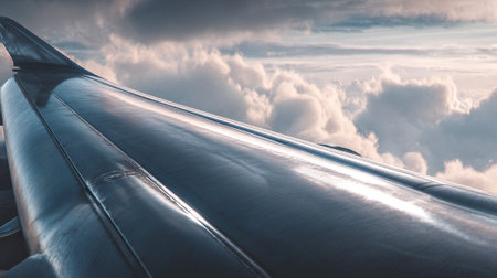 The wing of an airplane soaring through the clouds in a breathtaking view from above.の素材