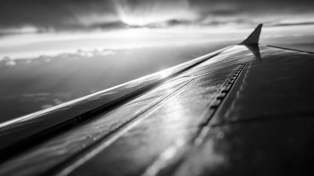 A black and white photo of an airplane wing soaring through the cloudy skyの素材
