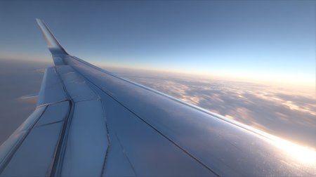 Airplane wing soaring through the clouds during a serene sunset flightの素材