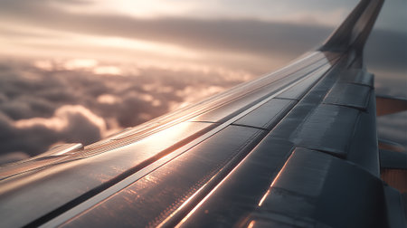 Airplane wing soaring through clouds during a serene sunset flightの素材