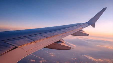 Airplane wing soaring through the sky during a breathtaking sunsetの素材